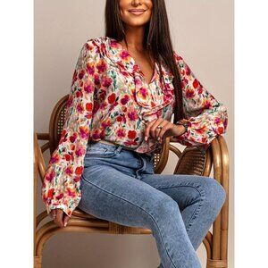 Floral Ruffle V-Neck Long Sleeve Blouse For Women S-XXL Available